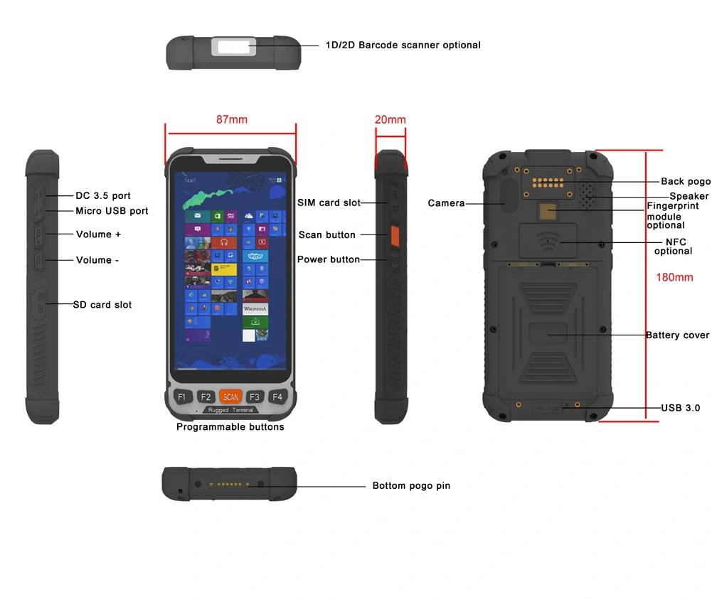 Z8350 Pdas Barcode Scanner Mobile Windows Handheld Terminal PDA Windows 10 UHF RFID Rugged PDA
